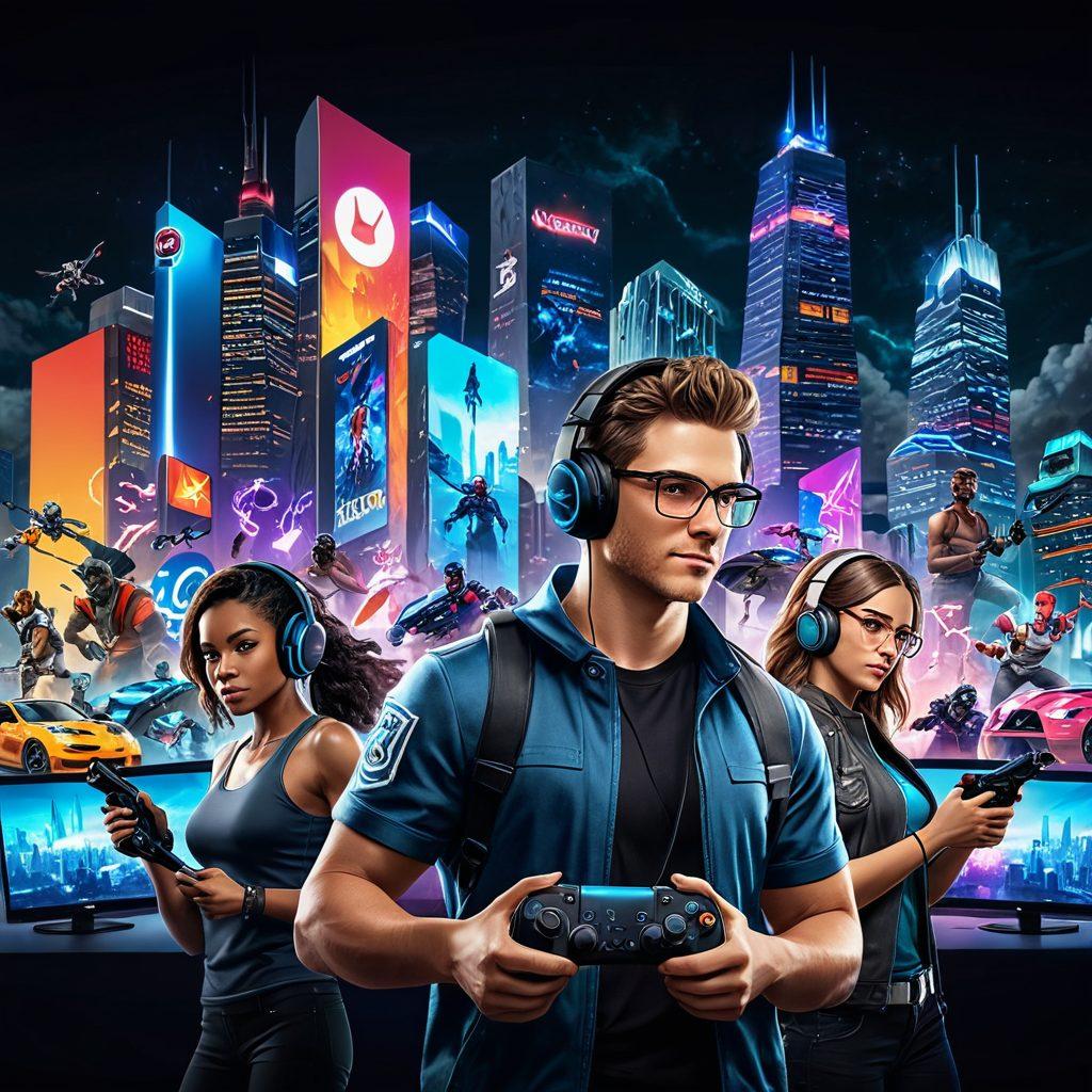 Create an engaging collage of various gaming elements, including a modern gaming console, diverse characters from popular games, and a futuristic cityscape in the background. Incorporate trending gaming icons like VR headsets, eSports logos, and game controllers. Use vibrant colors and dynamic lighting to convey excitement and energy. This image should inspire gamers to stay informed and connected. super-realistic. vibrant colors. 3D.