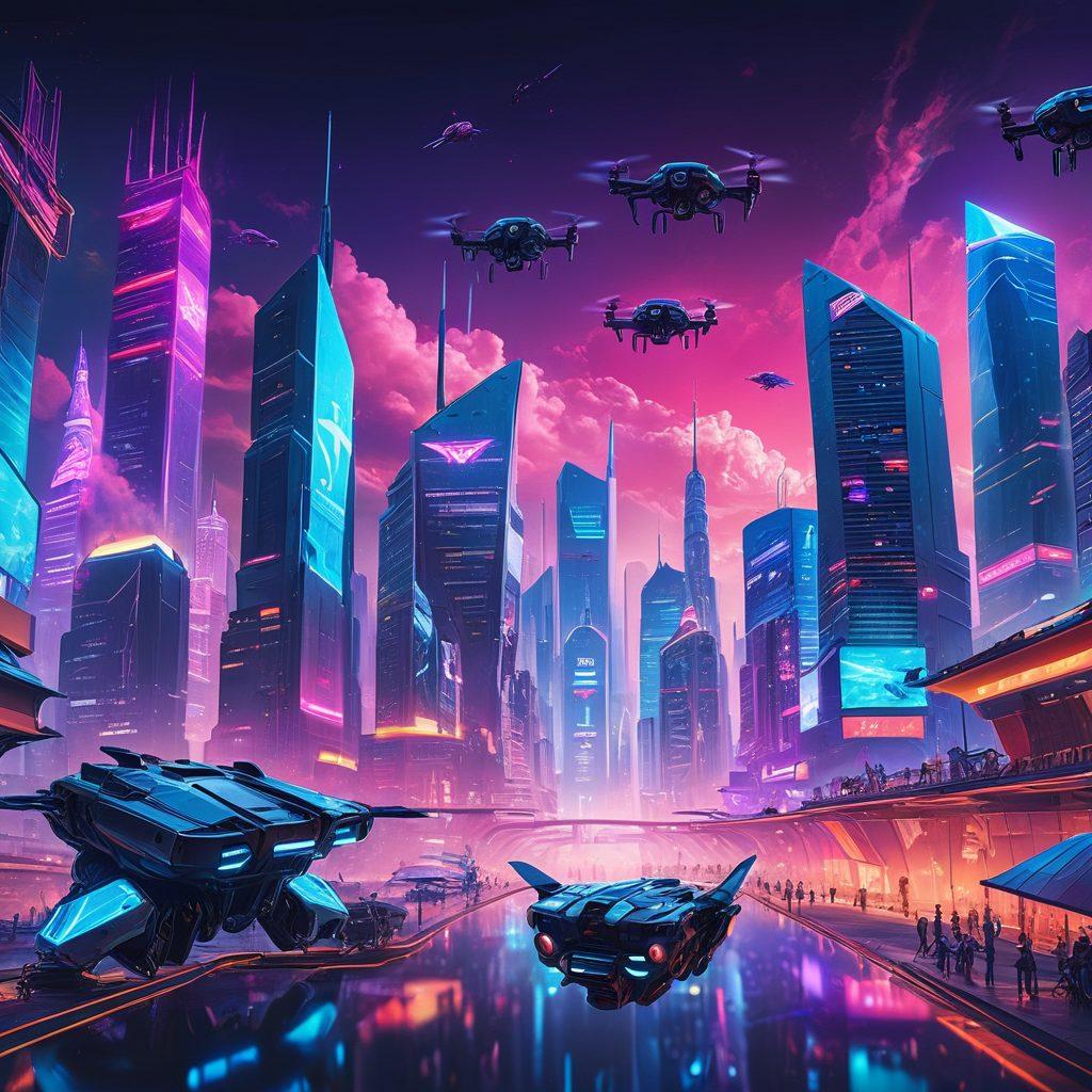 A futuristic gaming landscape filled with diverse gaming consoles, VR headsets, and holographic interfaces. In the background, a city skyline showcases neon-lit buildings and flying drones symbolizing technological advancements. Players of various backgrounds are engaged in immersive gaming experiences, highlighting diversity in the gaming community. Bright colors and dynamic lighting emphasize the excitement of gaming innovations. futuristic, cyberpunk, vibrant colors.