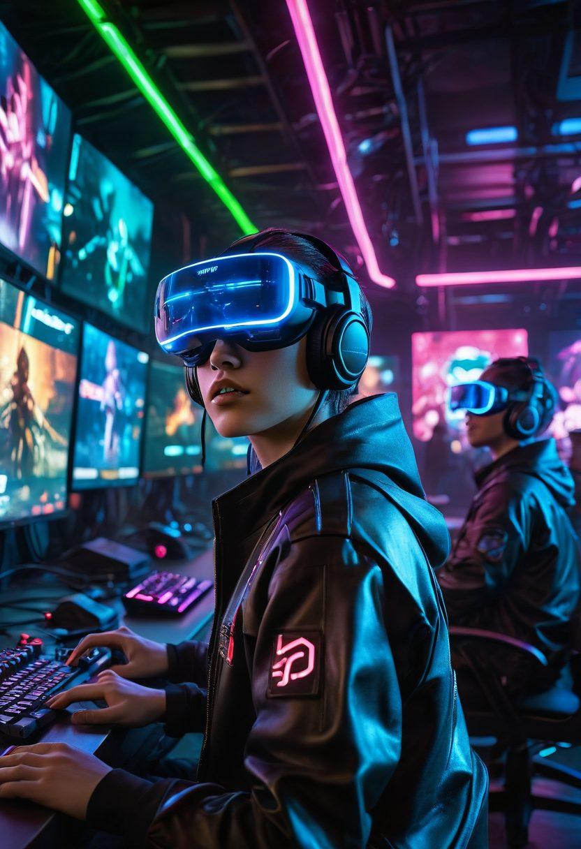 A dynamic scene showing a fusion of esports and virtual reality, with gamers wearing VR headsets amidst vibrant neon lights and holographic displays. Include elements like a futuristic gaming arena, characters from popular games appearing in the background, and digital interfaces showcasing stats and scores. The atmosphere should be energetic and immersive, capturing the essence of modern gaming culture. cyberpunk. vibrant colors. dynamic composition.